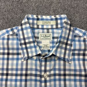 LL Bean Shirt Mens Medium Traditional Fit Blue Check Wrinkle-Free Kennebunk